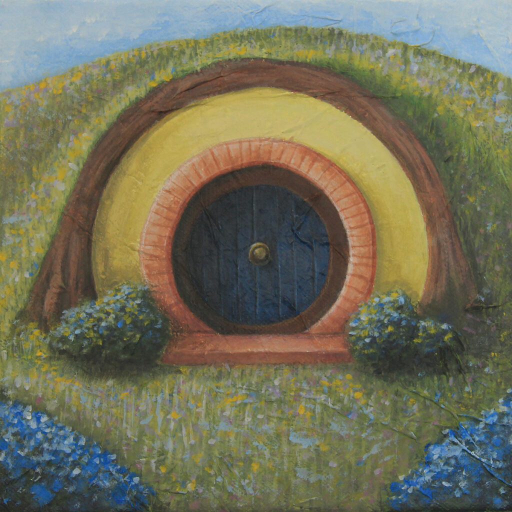 Peinture d'une entrée de maison de Hobbit fleurie