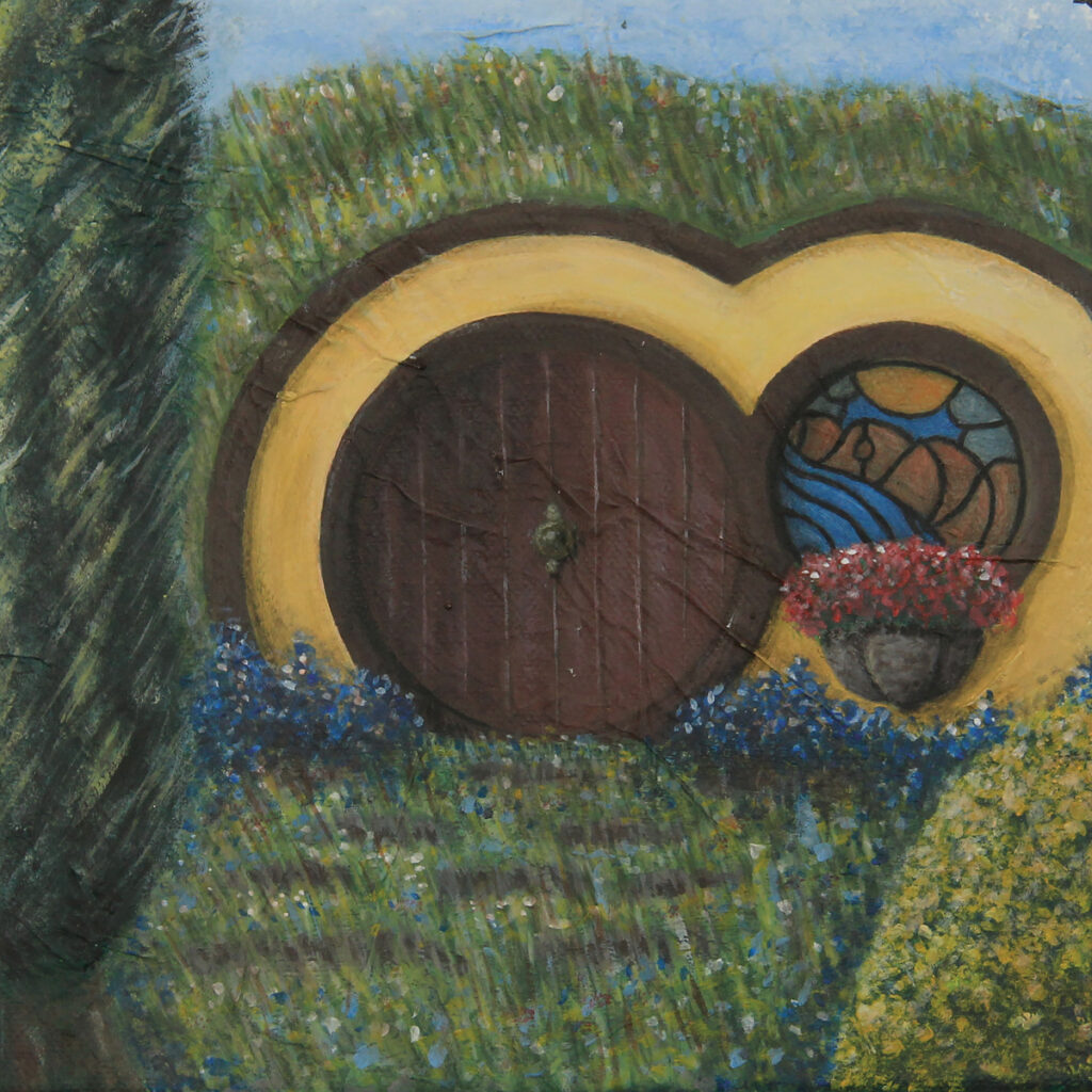 peinture d'une maison de Hobbit verdoyante avec une fenêtre colorée